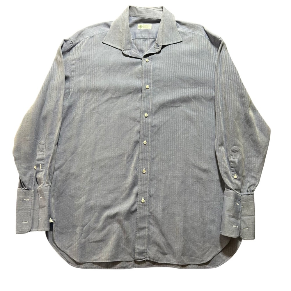 Borrelli Dress Shirt Mens 17-43 Blue Herringbone Handmade Italy Wilkes Bashford